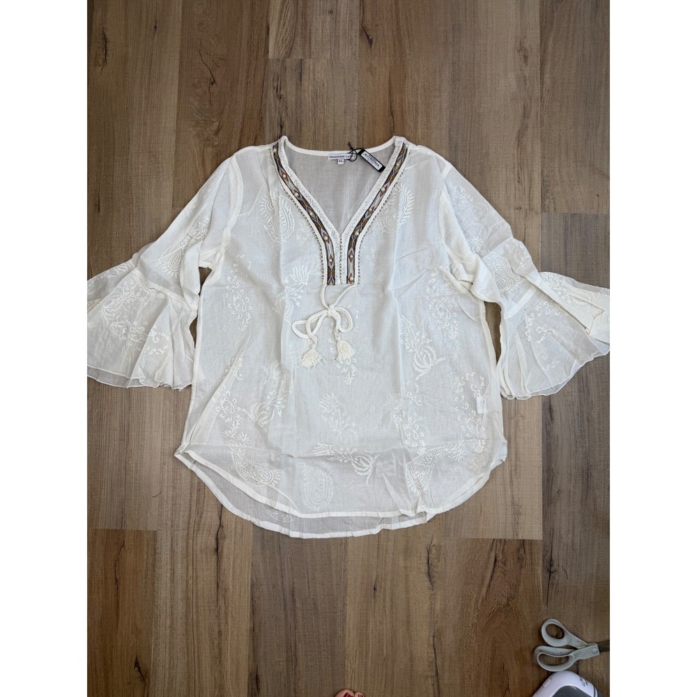 Crosstree Lane White Cotton Gauze Embroidered Bell Sleeve Tunic Top XL NWT